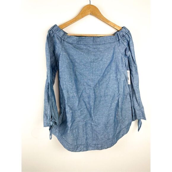 NWT Free People Womens Show Some Shoulder Top Off Shoulder Blue Chambray Top Siz - Picture 2 of 11
